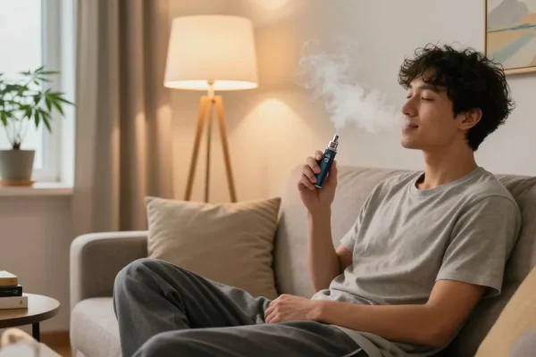 Pure thc vape pen disposable used in a cozy wellness moment with natural hemp elements and CBD products.