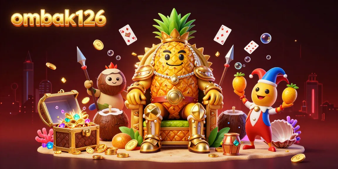 Engage with ombak126 in a vibrant 3D scene featuring a golden pineapple king and lively casino elements.