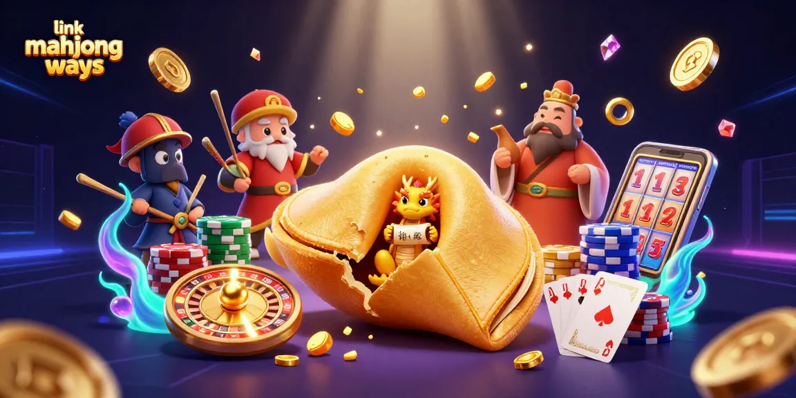 Engage in link mahjong ways with a vibrant illustration of fortune cookies and casino elements.