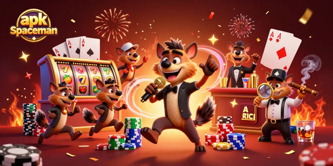 Experience thrills at apk spaceman with vibrant slot reels and animated hyenas in a lively casino.