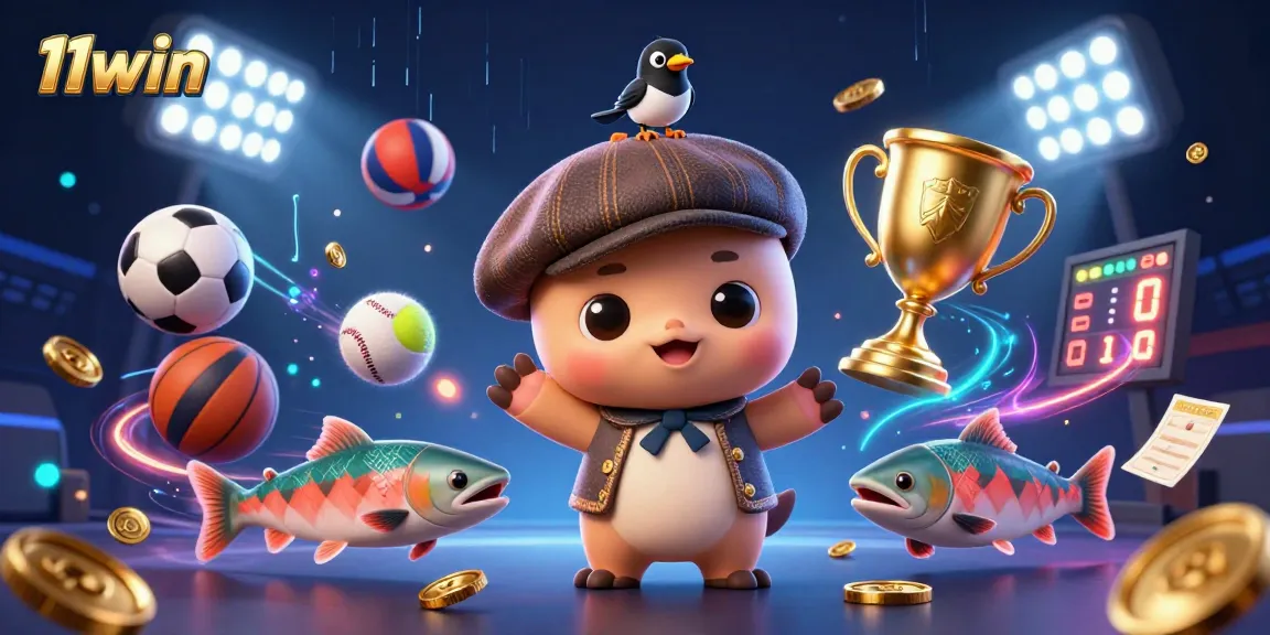 Bet on 11win: Explore exciting sports betting with Nessie and salmon in a vibrant casino scene.