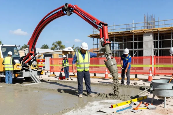 NAGA2000 concrete pump in use at a construction site with workers pouring concrete.