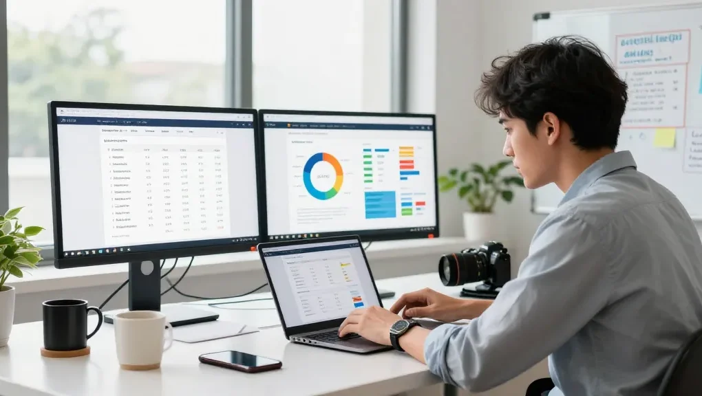 How Backlinks & Guest Posting Improve Your SEO illustrated by an SEO specialist analyzing metrics in a modern workspace.