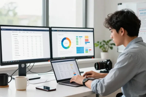 How Backlinks & Guest Posting Improve Your SEO illustrated by an SEO specialist analyzing metrics in a modern workspace.