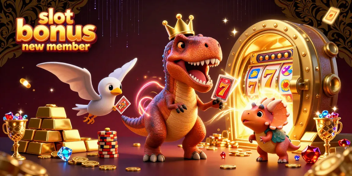Engage with the excitement of the slot bonus new member as cartoon dinosaurs celebrate big wins amidst golden treasures.