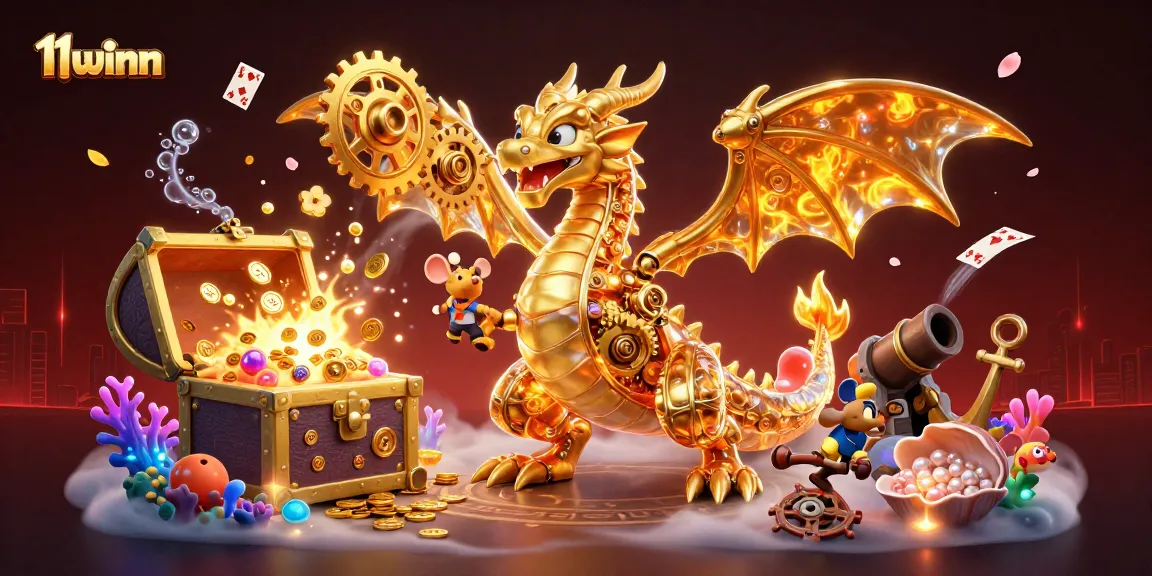 11winn showcases vibrant 3D illustration of a golden dragon amidst treasures and gaming elements.