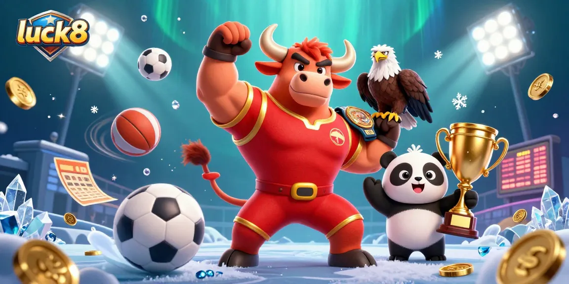 Luck8 mascot celebration scene with sports elements and dynamic action for engaging gamblers.