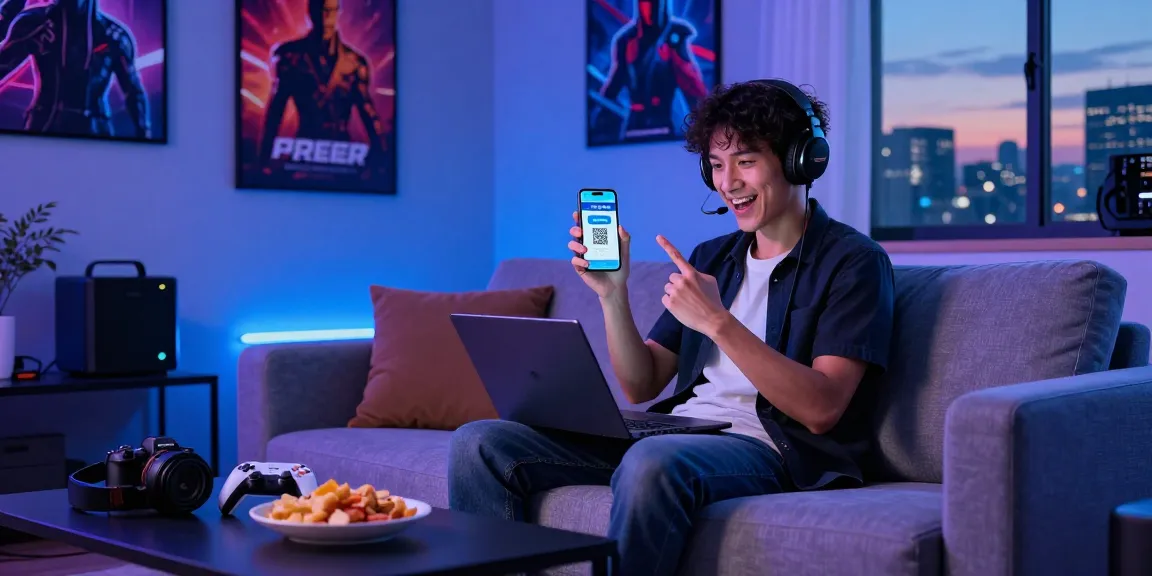 Menampilkan gamer menggunakan metode QRIS untuk topup akun pada NAGA2000, ruang modern dengan perangkat gaming.