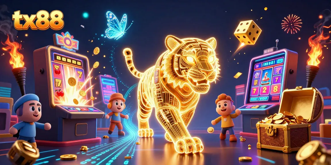 Experience the excitement of tx88 with a vibrant casino scene featuring a golden tiger and jackpot slots.