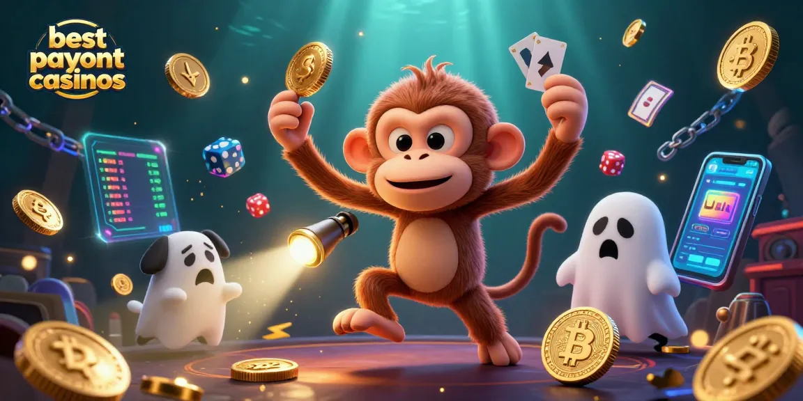 Engage with the best payout casinos showcasing a ghost-hunter puppy tracking a playful poltergeist monkey in a haunted casino.