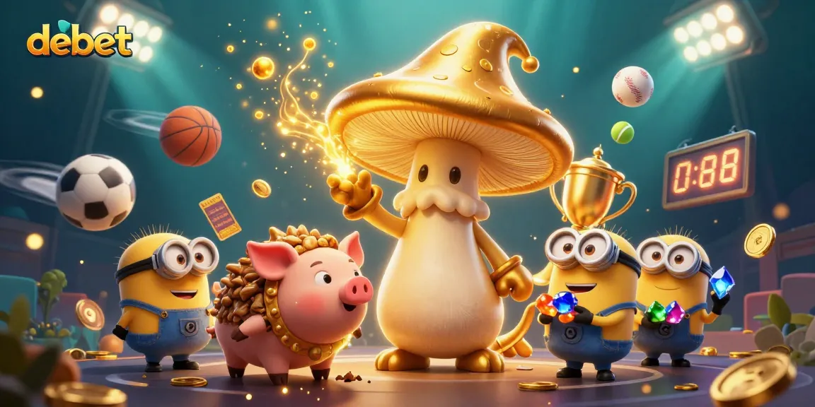 Experience thrilling sports betting with debet, featuring a golden mushroom wizard and magical treasures.