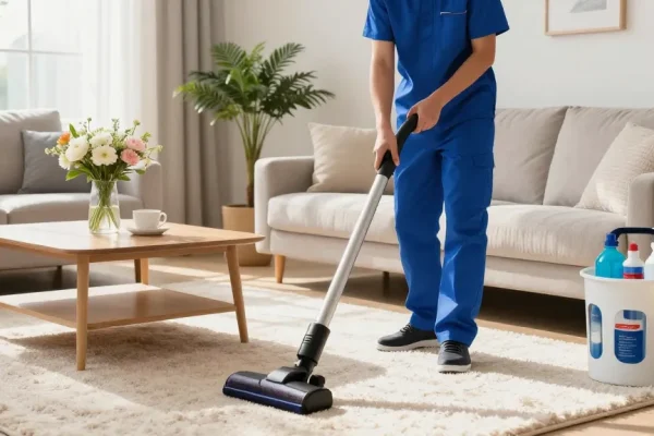 Professional cleaner from atscleaning.co.uk vacuuming a bright living room.