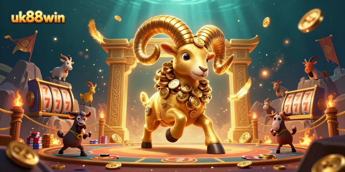 uk88win showcases an epic 3D scene of a golden ram charging at a casino gate amidst swirling gambling symbols