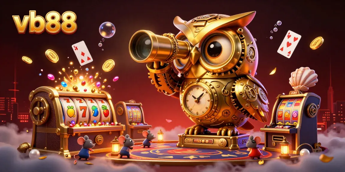 vb88 brings excitement to the casino floor with a thrilling scene showcasing a golden owl and vibrant slot machines.