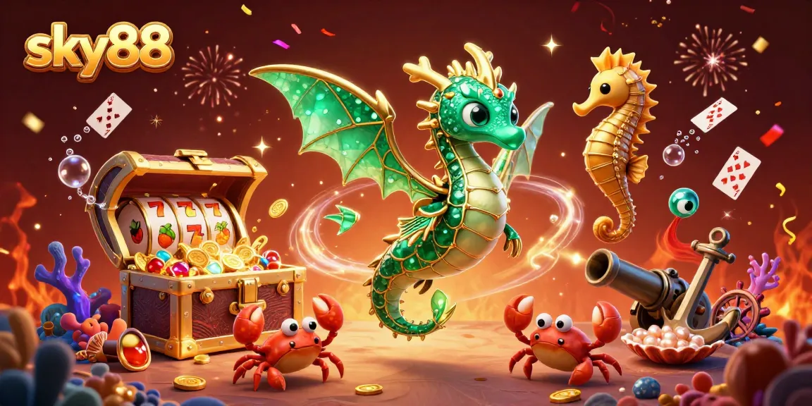 Experience thrilling gameplay with sky88's vibrant slots and a majestic sea dragon guarding treasures.