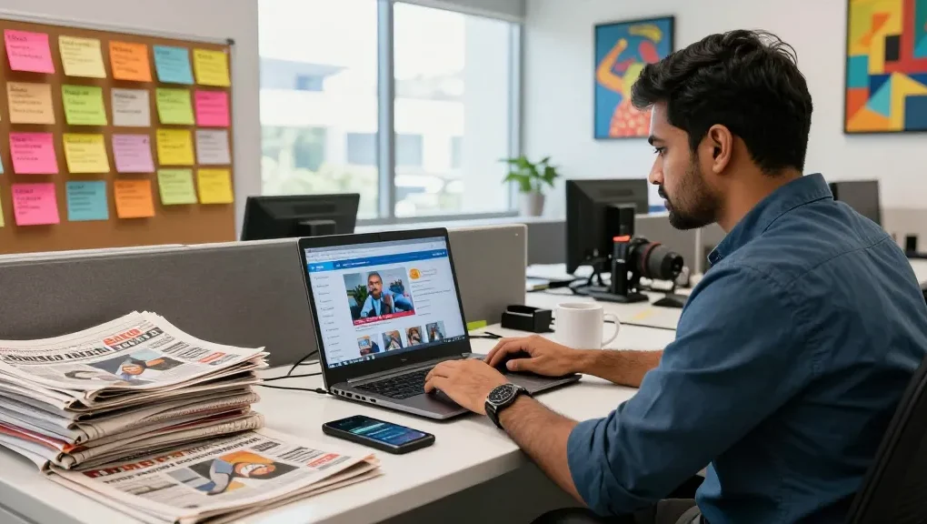 Indian journalist at their workspace accessing https://www.theindaily.com with vibrant news articles, reflecting dynamic media landscape.
