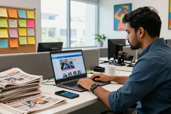 Indian journalist at their workspace accessing https://www.theindaily.com with vibrant news articles, reflecting dynamic media landscape.