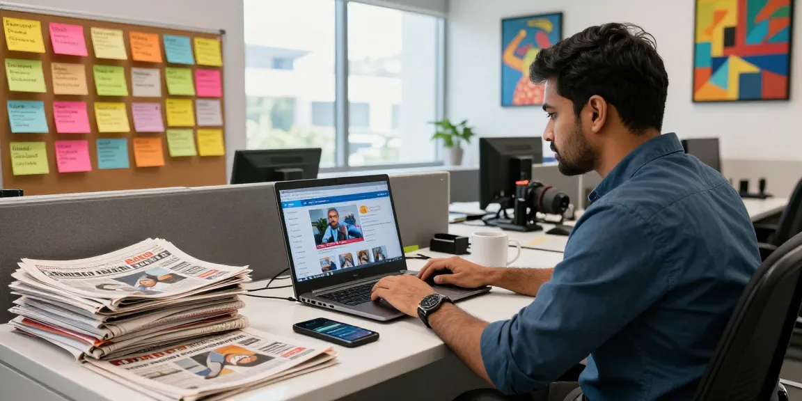 Indian journalist at their workspace accessing https://www.theindaily.com with vibrant news articles, reflecting dynamic media landscape.