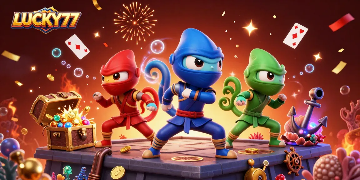 Experience thrilling action at LUCKY77 with ninja chameleons amidst vibrant casino elements.
