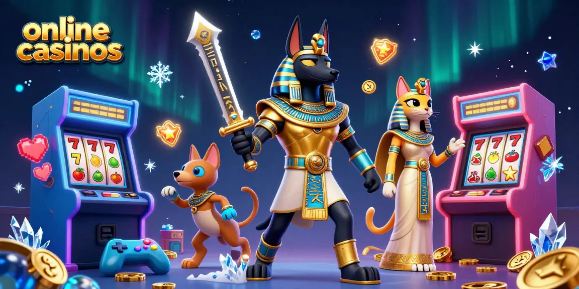 Explore the vibrant scene of online casinos featuring Anubis and Bastet amidst dazzling game elements.