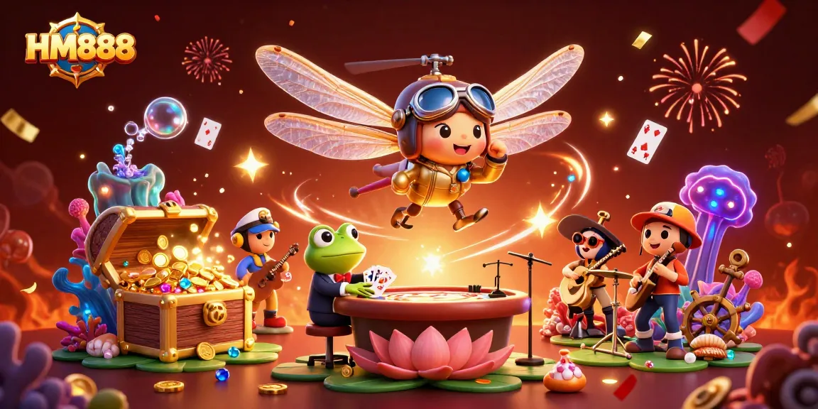 Engage in thrilling gaming with HM888 as a dragonfly pilot hovers over a vibrant lily pad casino.
