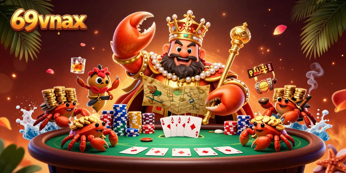 Engage in thrilling gameplay at 69vnax with a golden crab emperor overseeing card games, adventure aplenty!