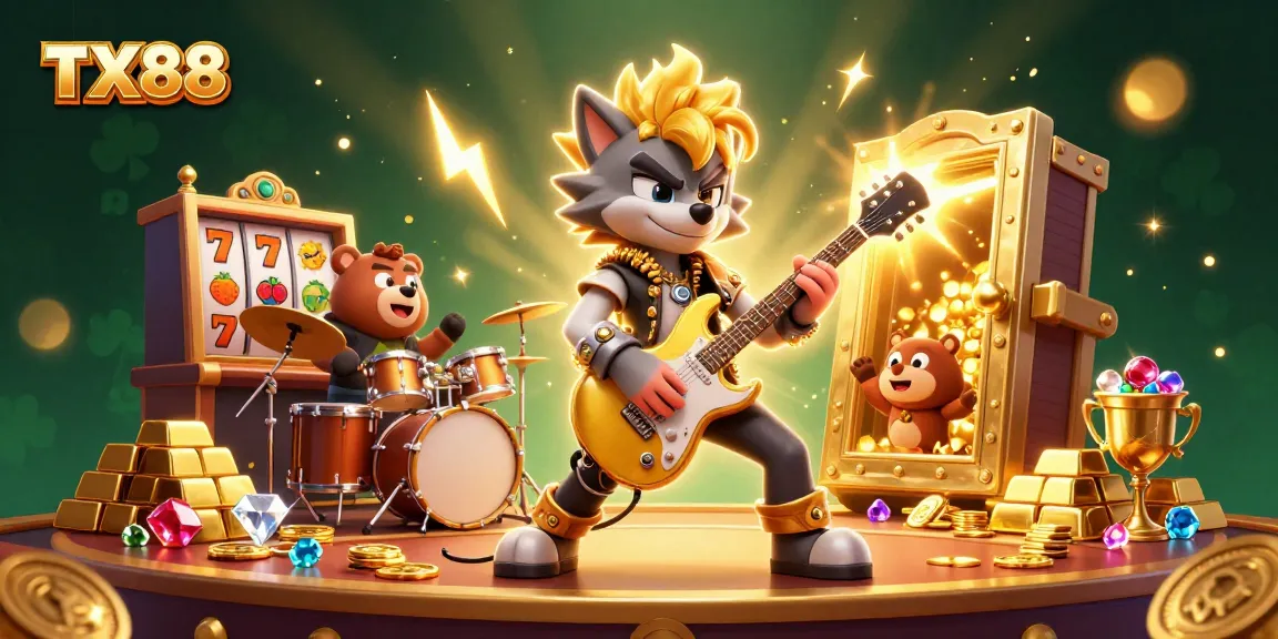 Experience the thrill at TX88 with a vibrant, animated casino scene featuring rock star characters and dazzling elements.